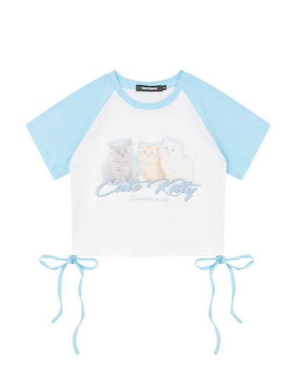 Cat Print Drawstring Design Short T-Shirt