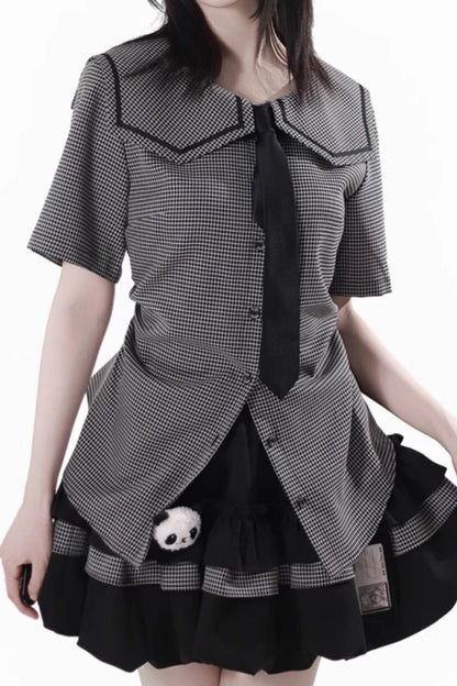 Plaid College Shirt + Shirt + Puff Skirt