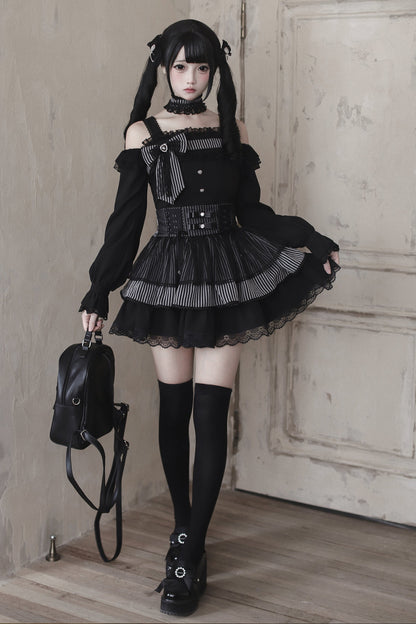 【12月6日予約締切】ブラックアンドストライプロングスリーブサストップス＋リボンケーキスカート＋チョーカー