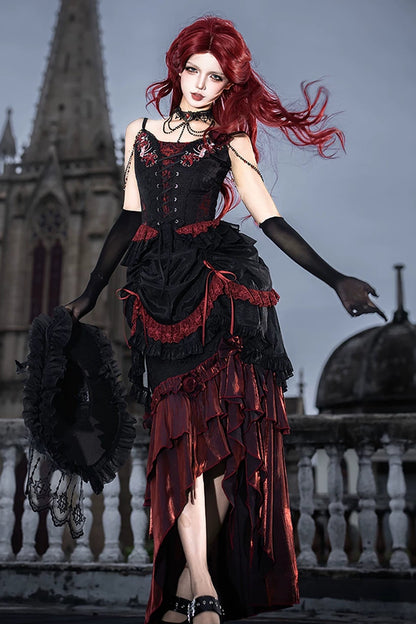 [Pre-order] Red and Black Dark Gothic Lolita Ruffle Slit Long Skirt + Pull-Up Overskirt