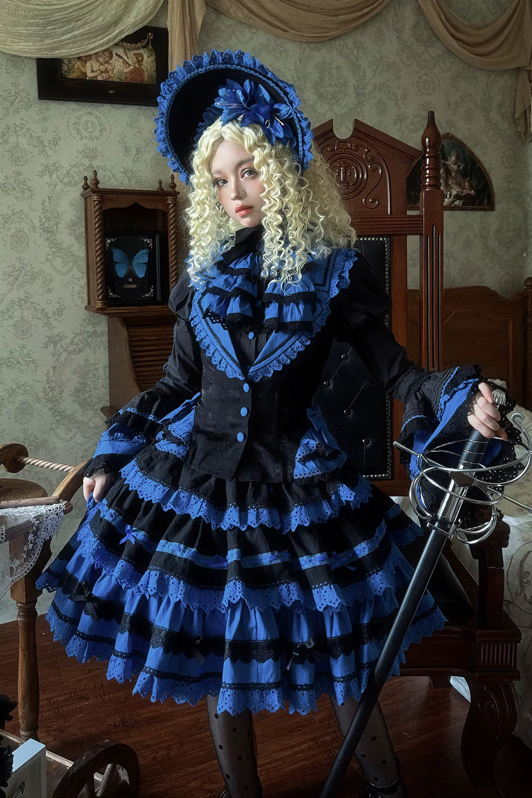 [Vorbestellfrist: 13. Juli] Kleinblaue Gothic-Lolita-Rüschen-Stufenkleid-Komplettset