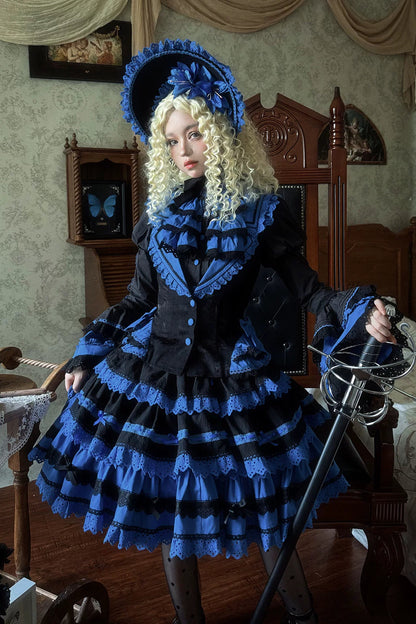[Vorbestellfrist: 13. Juli] Kleinblaue Gothic-Lolita-Rüschen-Stufenkleid-Komplettset