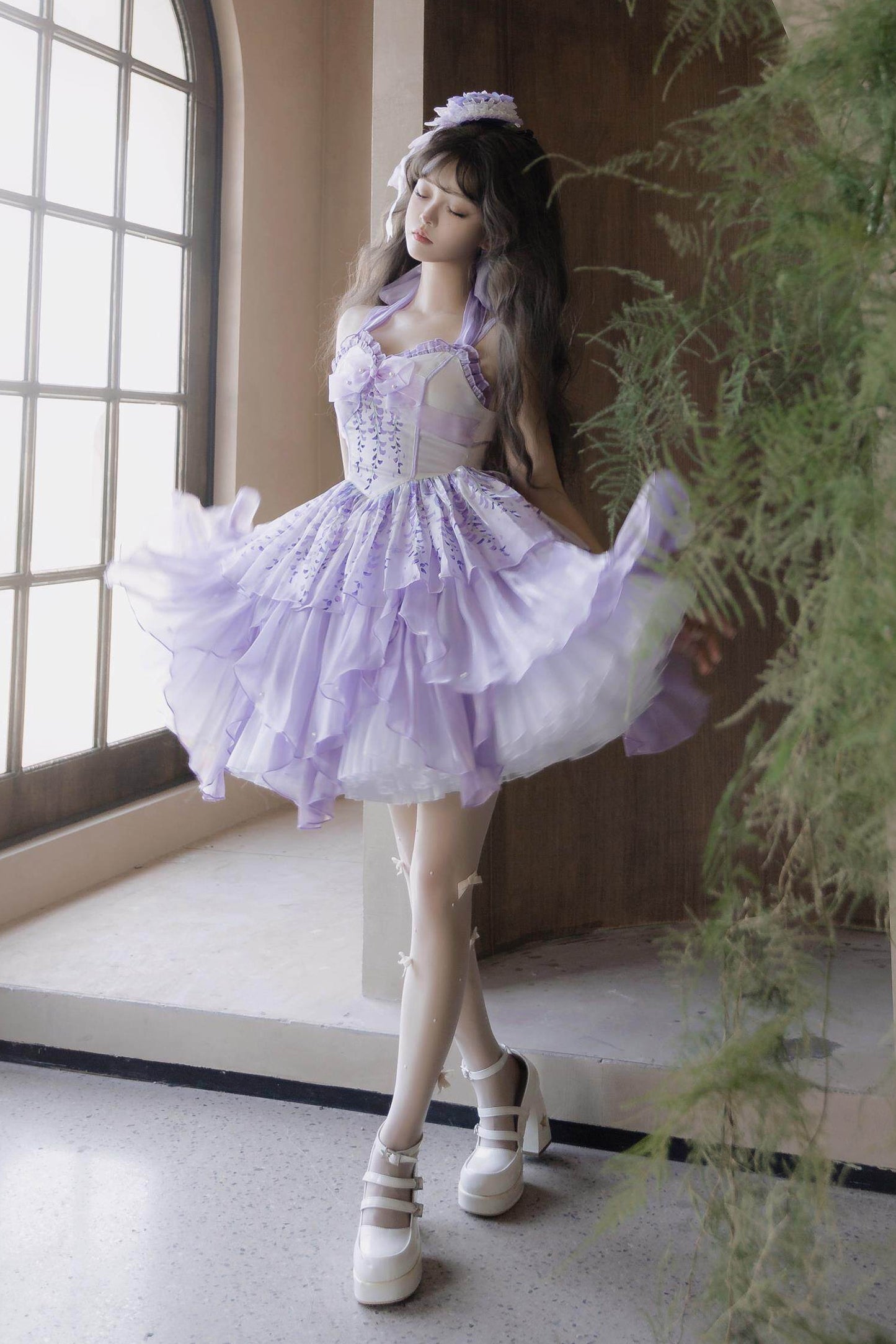 [Pre-order Deadline: June 18] Wisteria Purple Gradient Fairy Lolita Bow Layered JSK Dress + Full Set (Dress + Flower Hat)