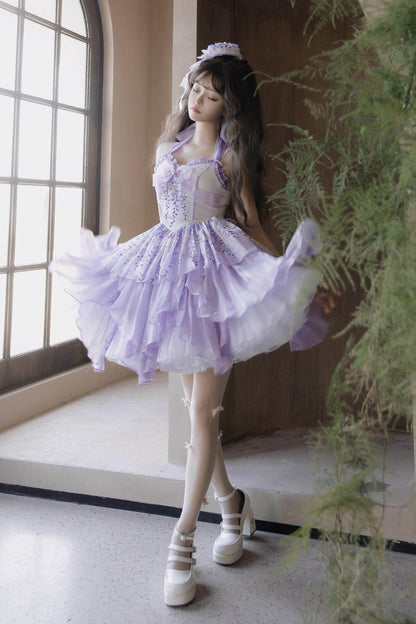 [Pre-order Deadline: June 18] Wisteria Purple Gradient Fairy Lolita Bow Layered JSK Dress + Full Set (Dress + Flower Hat)