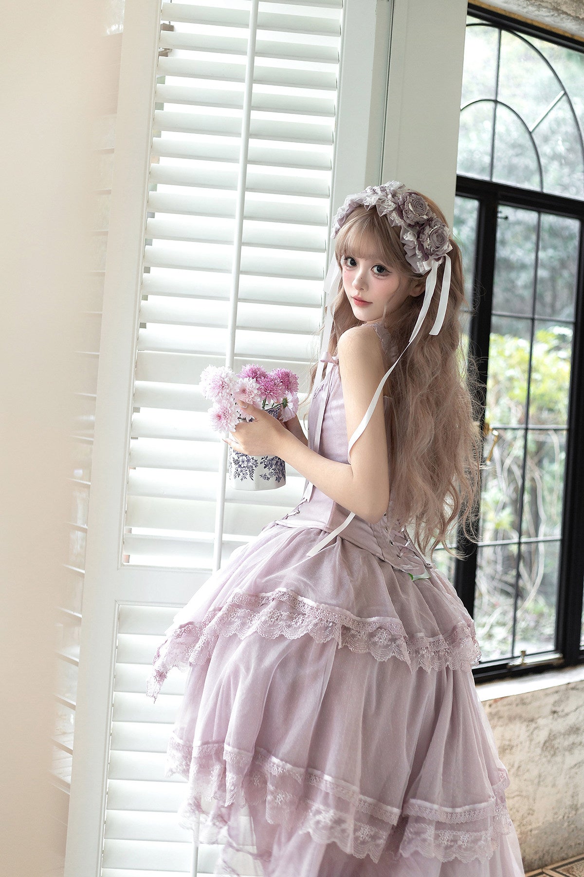 【2月27日予約締切】アンティークランプシャドウシャンパンゴールドストラップリボンビスチェドレスセットアップ