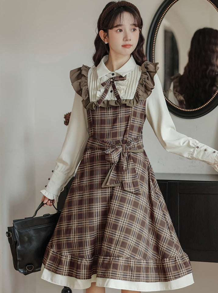 French Hepburn Style Retro Brown Ruffle Suspender Skirt