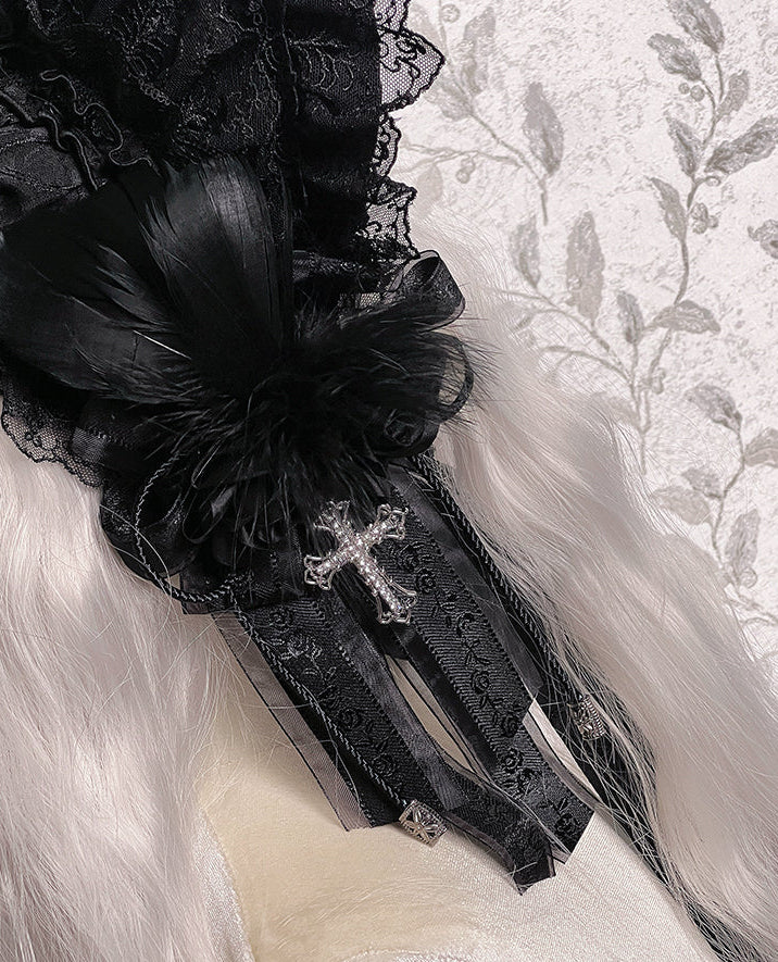 Black Mist Banquet Gothic Cross Rose Bonnet + Veil + Brooch