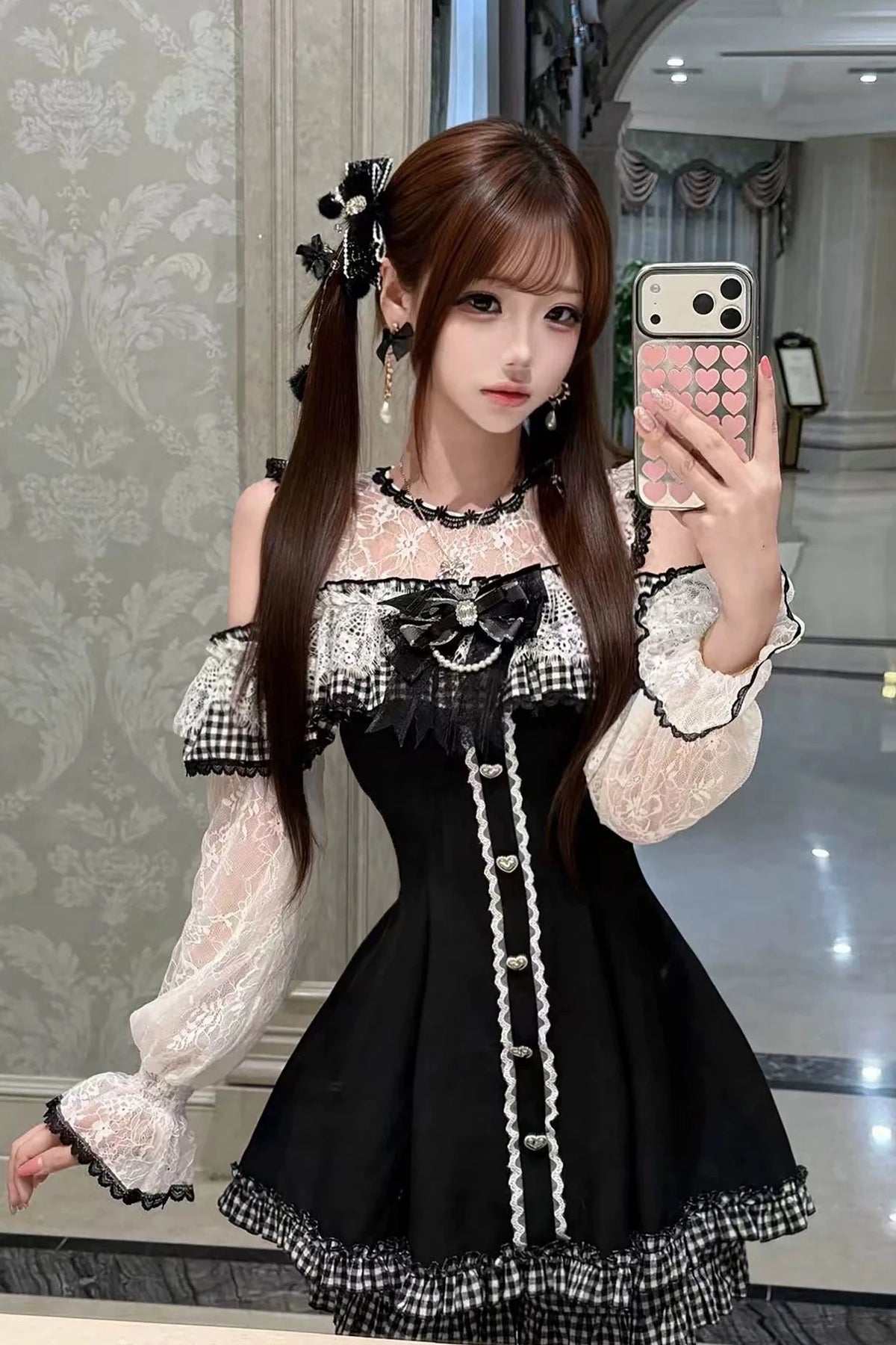 [Pre-order Deadline: November 15] Black and White Gingham Cold-Shoulder Long-Sleeve Lace Dress + Shorts + Bow Tie Set