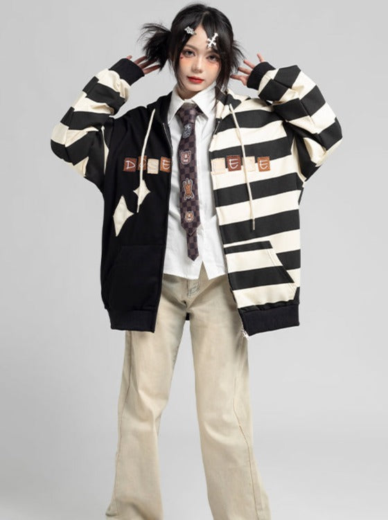 Asymmetrical Striped Hooded Parka