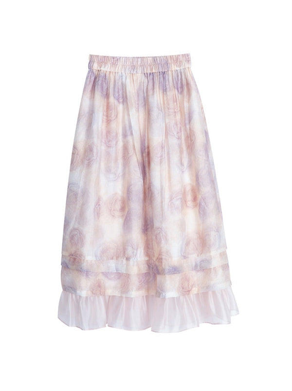 China Rose Print Puff Sleeve Frill Shirt Skart Two Piece Set