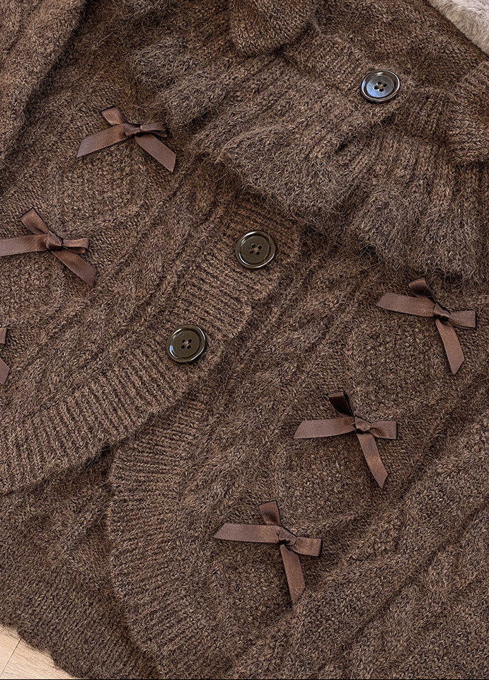 Ruffle Ribbon Lantern Sleeve Knit Cardigan