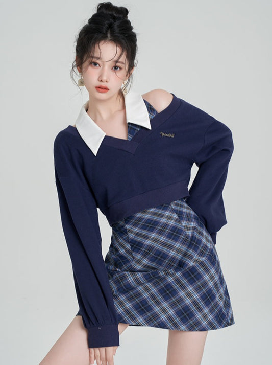 네이비 블루 칼리지 스타일 투피스 원피스