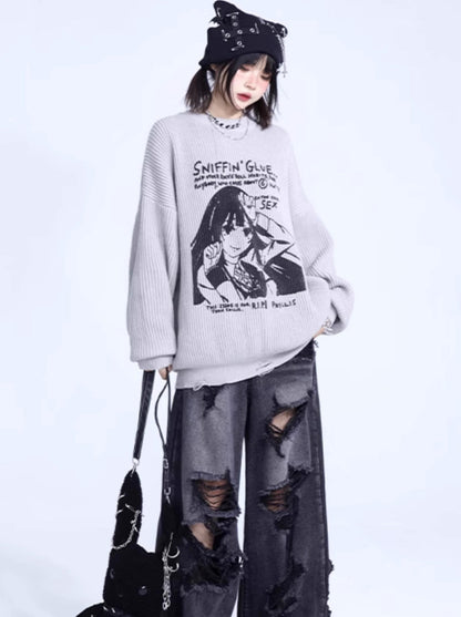 Girl Print Loose Pullover Knit Sweater