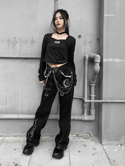 PUNK ROCK BUCKLE EYELET BLACK PANTS + CHAIN ​​HEART BELT