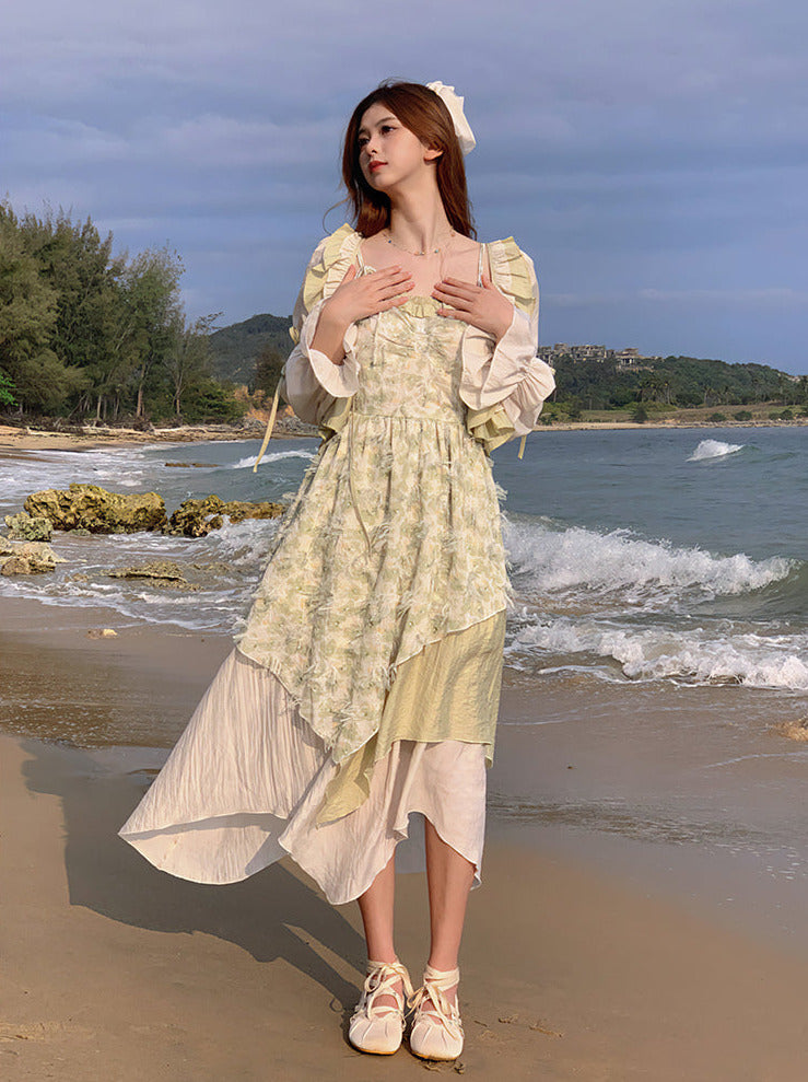 Seaside Vacation Floral Ruffle Ribbon Top + Assassus Dress [Short Long]