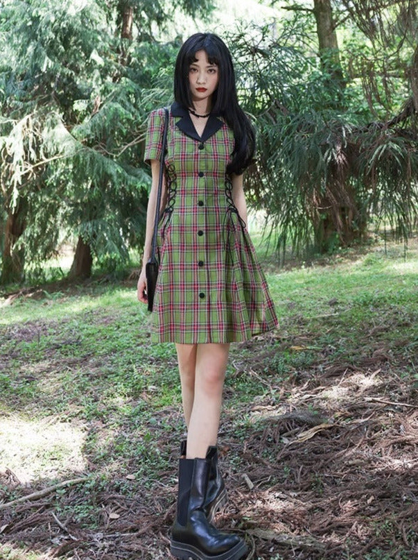 Cool green check V color lace up dress