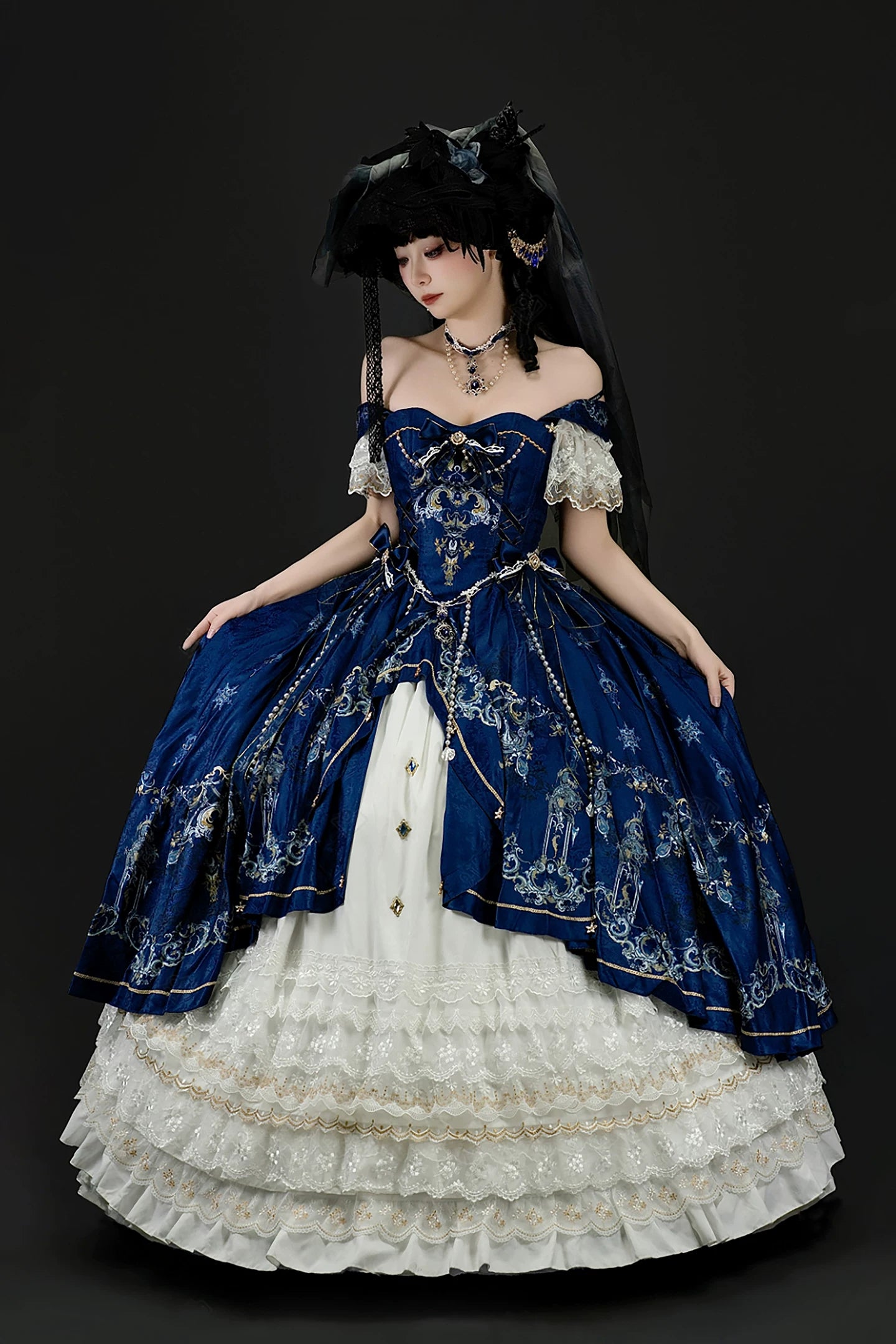 【5月3日予約締切】ダークブルーホワイトコルセットレースリボンロリータJKSプリンセスドレス＋コンプリートセット