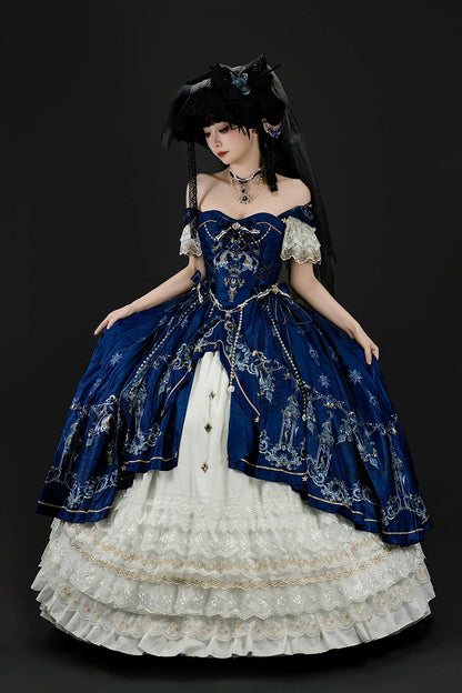【5月3日予約締切】ダークブルーホワイトコルセットレースリボンロリータJKSプリンセスドレス＋コンプリートセット
