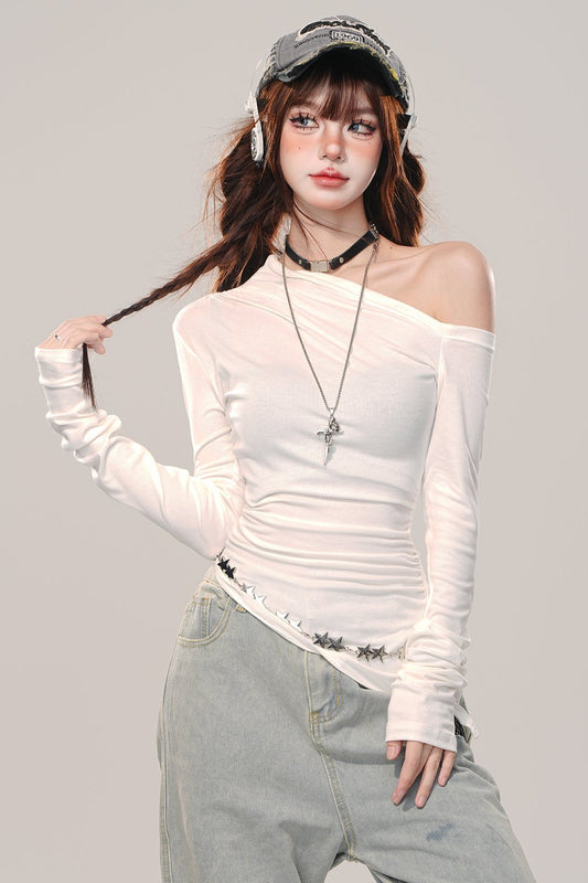 Irregular shoulder long sleeve top