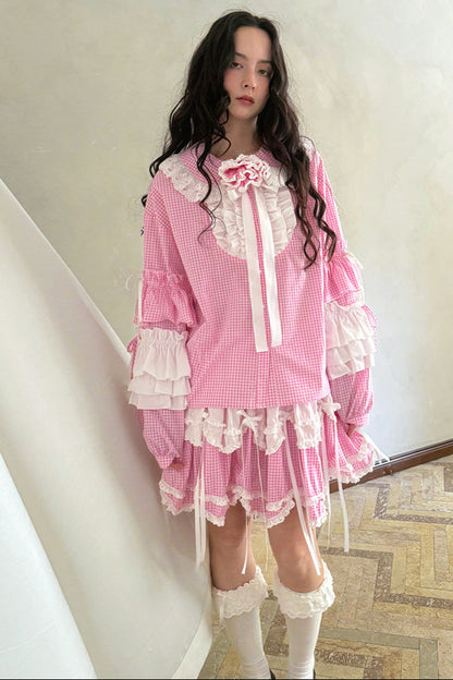 Camisa de patchwork con cuadrícula rosa muñeca