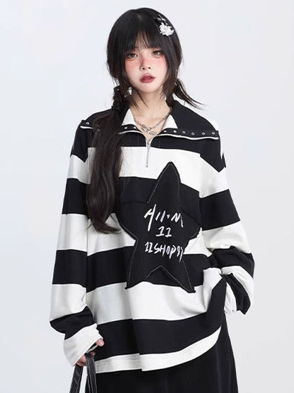 Striped Star Patch Oversized Sweatshirt Pullover