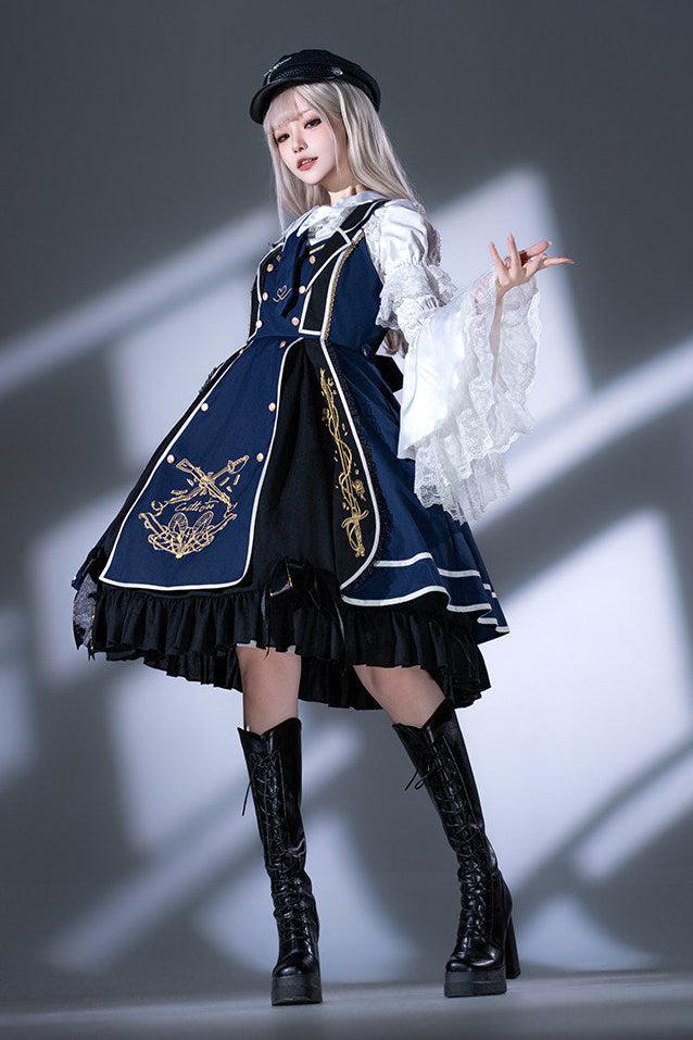 Rot-Schwarz/Blau-Schwarz Dark-Lolita-JKS-Kleid mit goldener Stickerei, Reverskragen, Krawatte und Gürtel mit Hüfttasche
