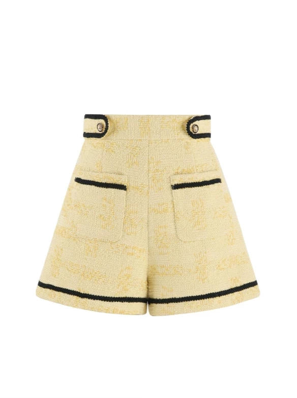 New Style Ruffle Collar Tweed Jacket + Wide Leg Shorts