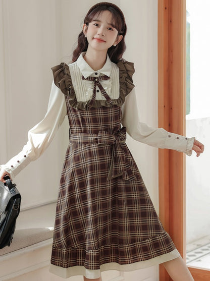 French Hepburn Style Retro Brown Ruffle Suspender Skirt