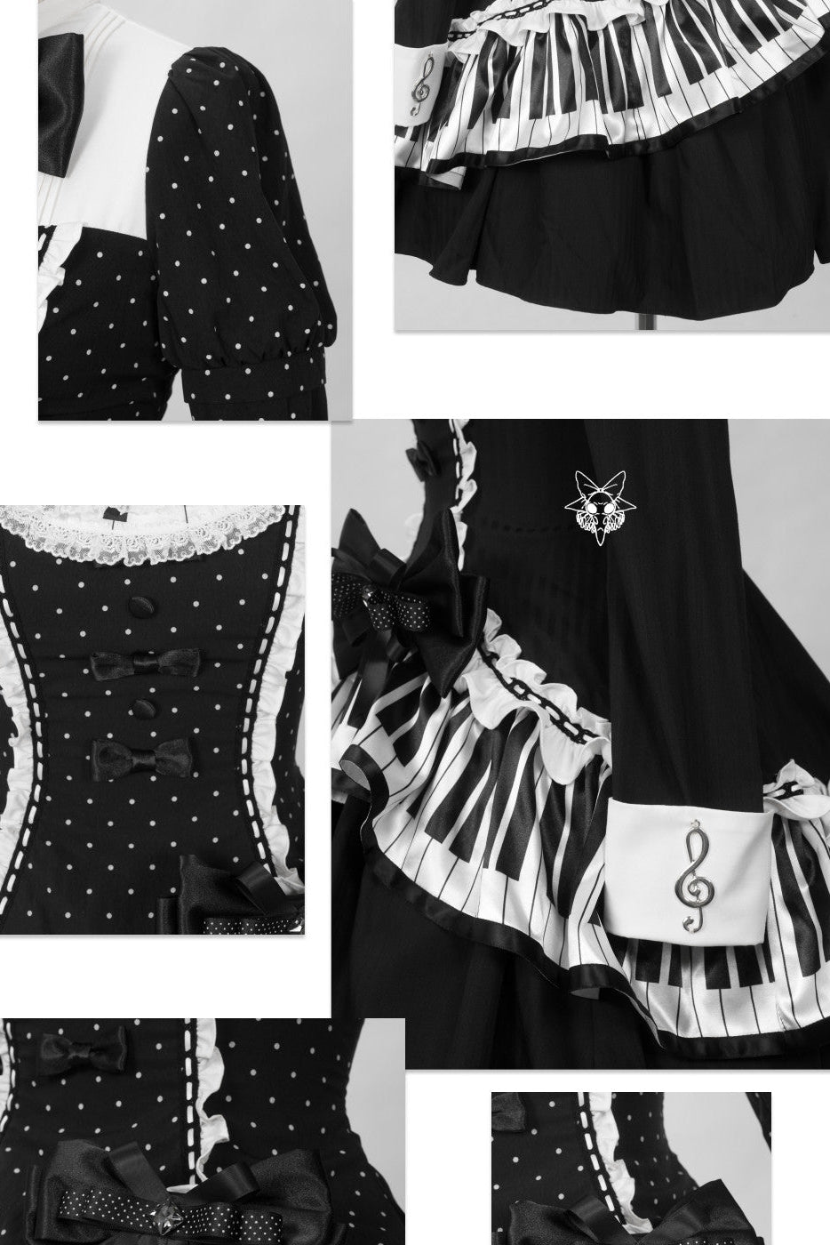 [Reservierungsschluss 22. Oktober] Schwarz gepunktetes Gothic-Lolita-Rüschenkleid mit asymmetrischem Design, Klaviertasten- und Musiknotenmotiv sowie Klaviertasten-Spitzenfliege