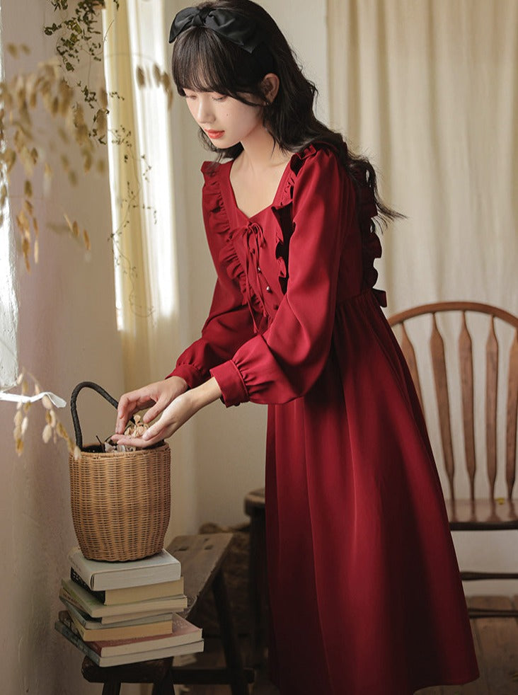 シックレッドレトロフリルワンピース – Belchic シックレッドレトロフリルワンピース – Belchic
