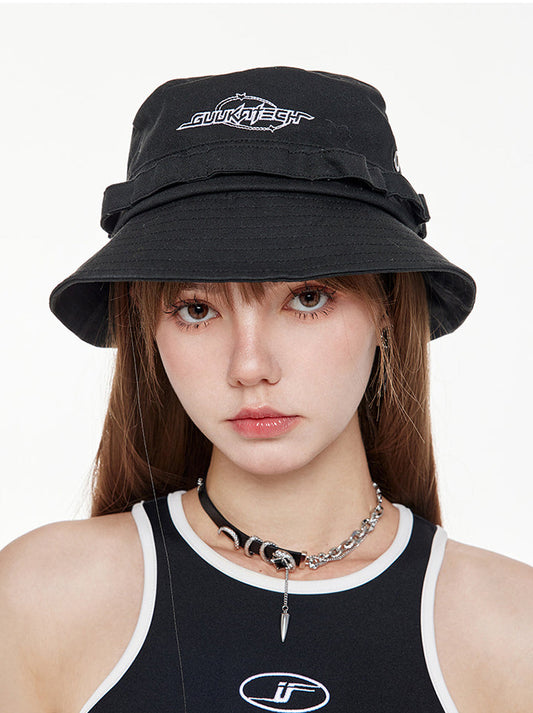 GUUKA TECH 功能性潮流品牌黑色水桶帽 男士情侣户外运动刺绣帽 遮阳和防晒