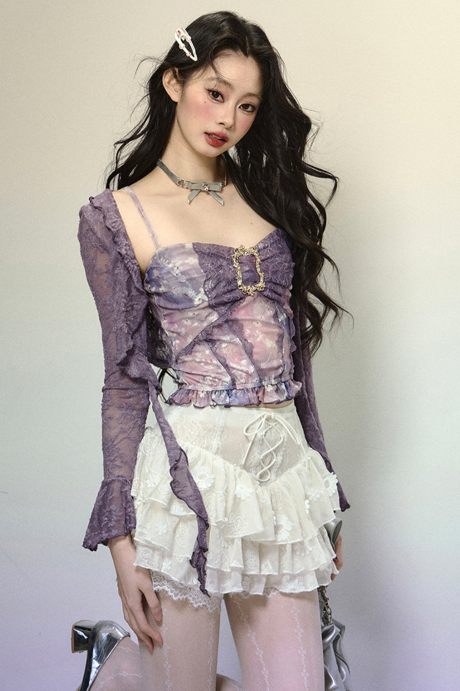 Dark purple lace cardigan + retro design tube top