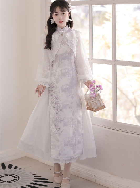 Sheer cardigan + flower china dress + pleated skirt
