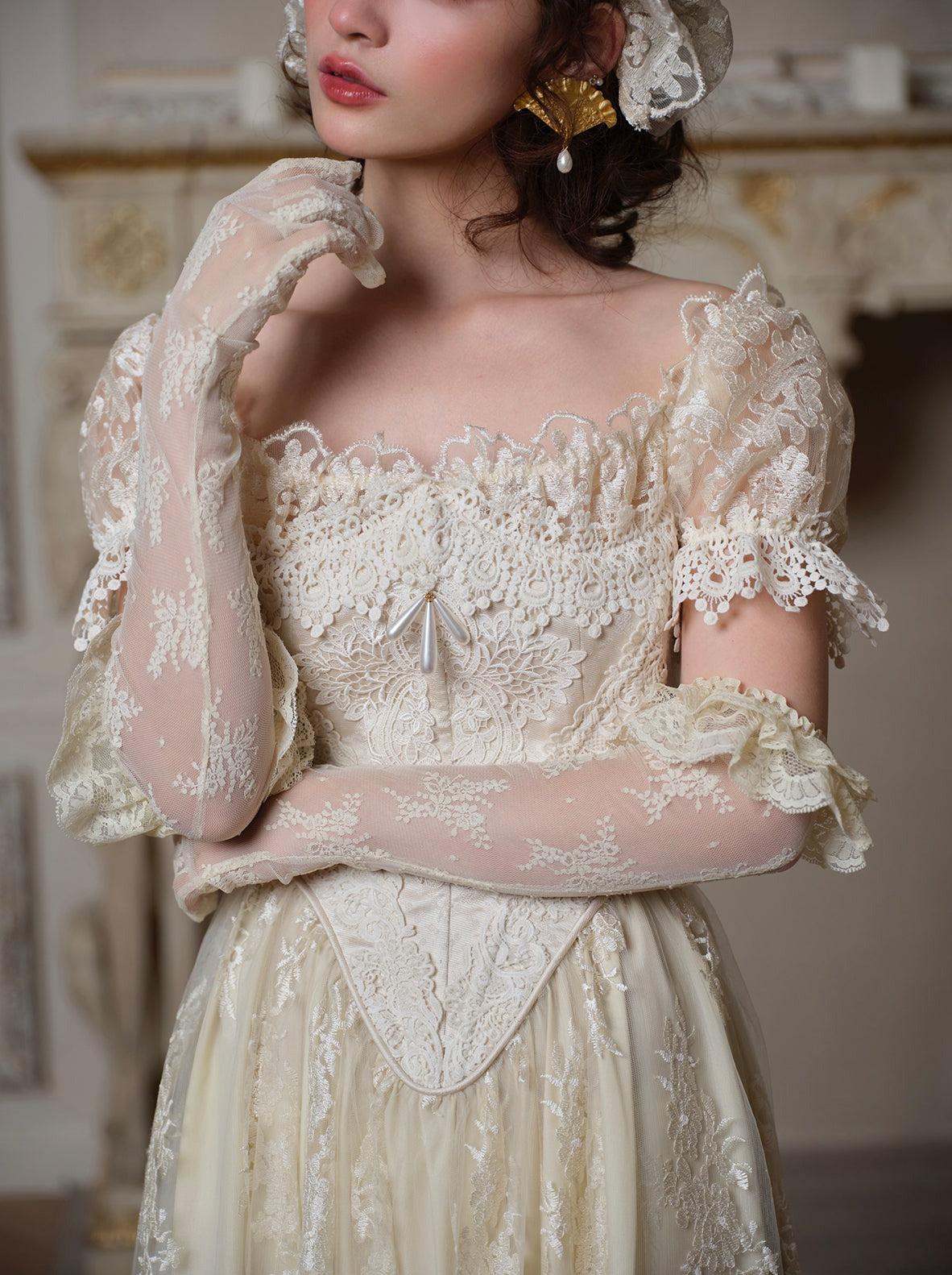 Retro Lace Puff Sleeve Long Dress + Lace Gloves