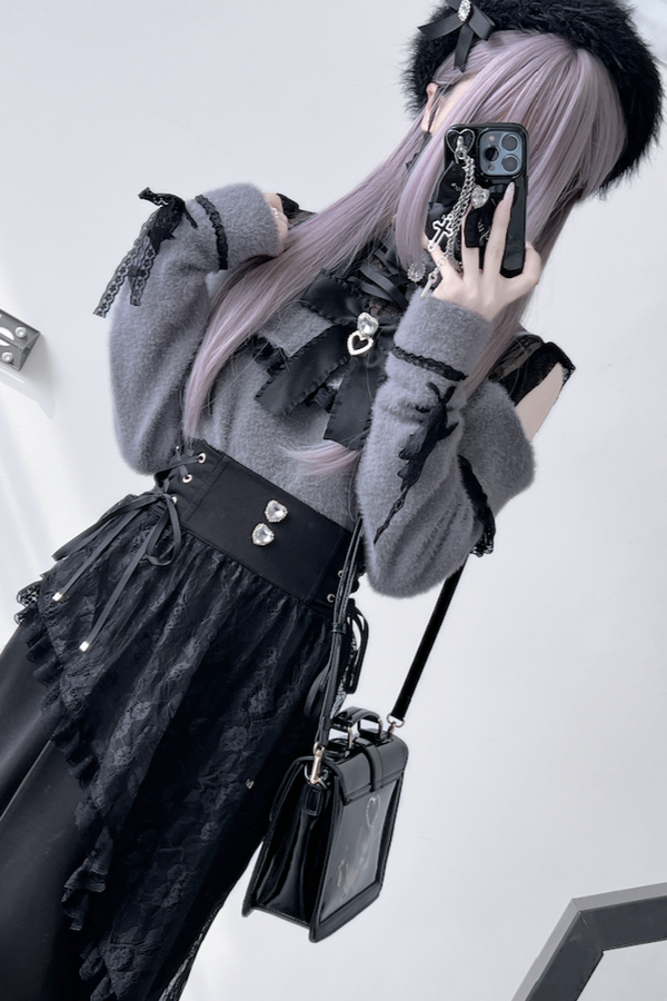 [Reservations] Galaxy Clear Series Black Lace Off-the-shoulder Ribbon Flap Knit Top