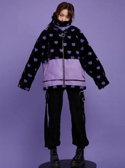 Manteau de fourrure à col roulé noir et violet