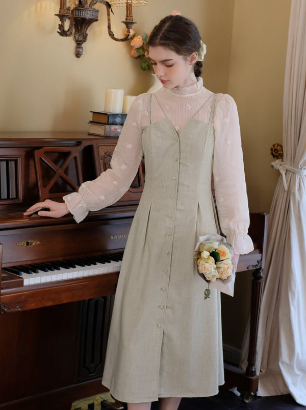 Sheer Flower Retro Blouse + Camisole Skirt