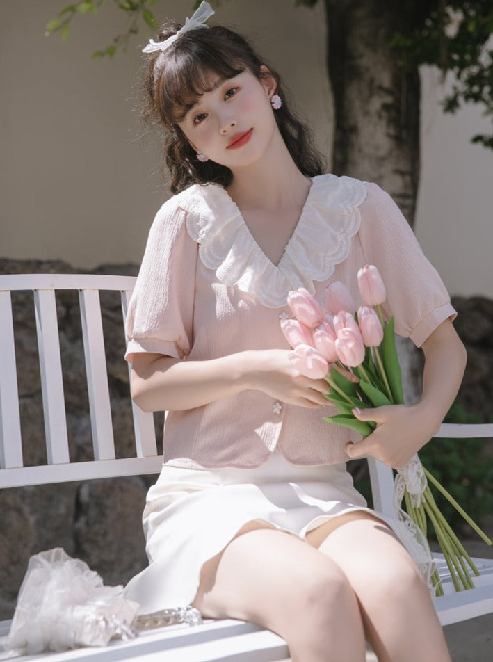 Puff sleeves French lace color shirt