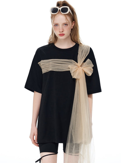 Long Sheer Bow Loose T-shirt