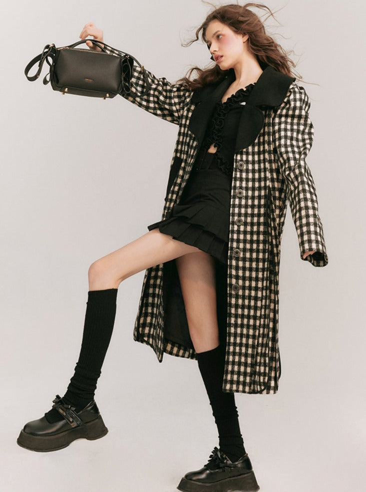 Big Collar Over Check Wool Coat