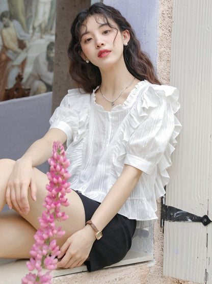 Retro Frill Square Air Color Short Tops