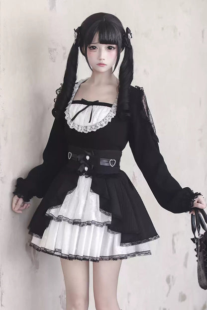 【12月6日予約締切】ブラックホワイトレースシアーショルダーニットトップス＋ケーキスカート