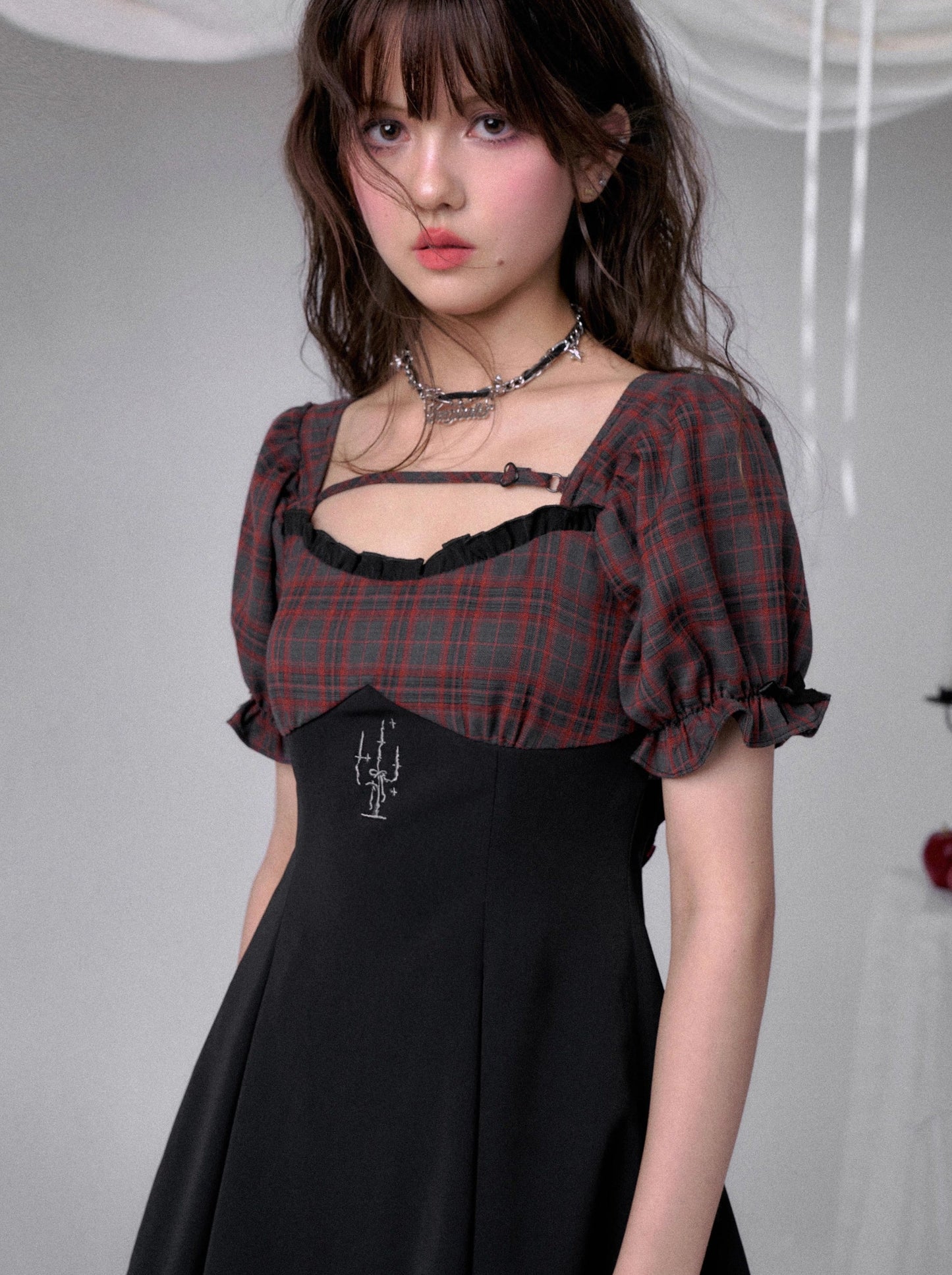 SagiDolls Girly Fighting Spirit #RedFlavour #Black Red Puff Sleeve Candelabra Embroidered Backless Dress