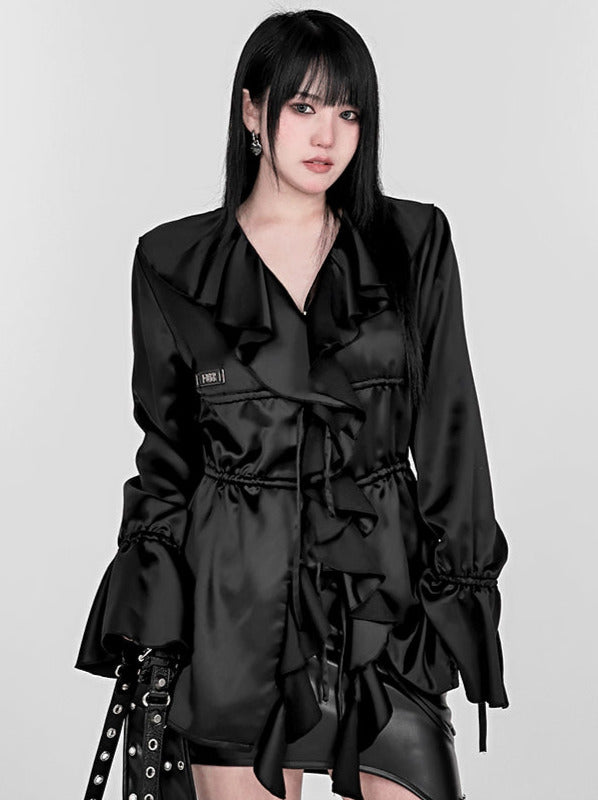 Ruffled Edge Rae Flare Sleeve Drawstring Silk Shirt