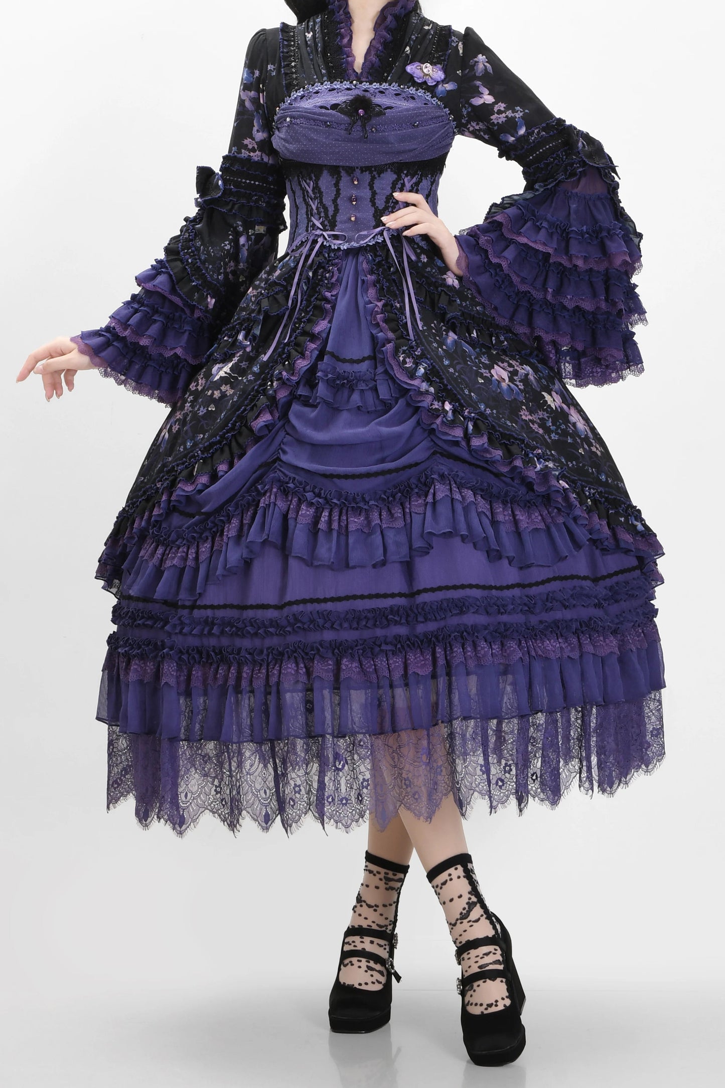 【9月13日予約締切】Purple/Dark Purple Gothic Lolita Tiered Lace Ruffle Skirt