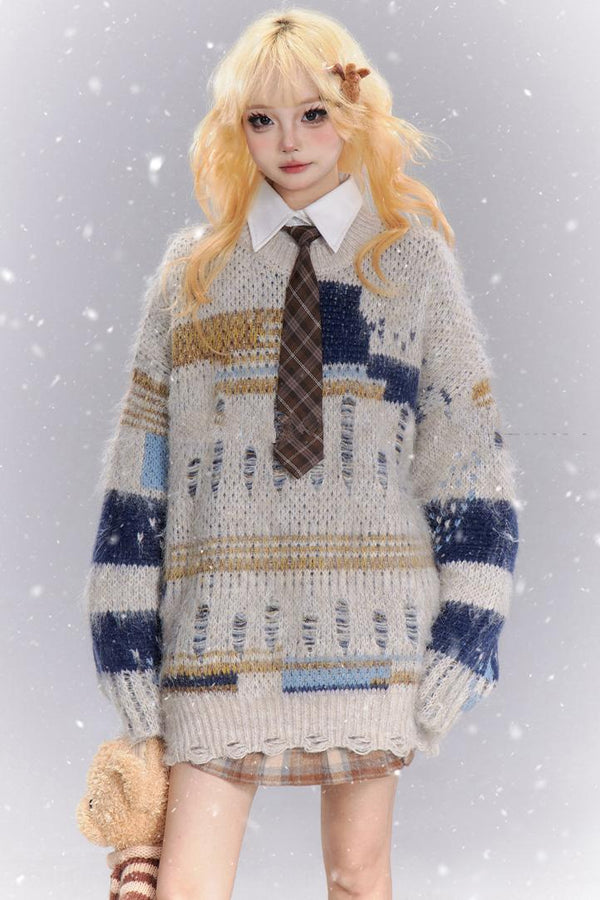 Distressed Contrast Knit Sweater