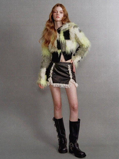 Contrast Lapel Fur Short Coat