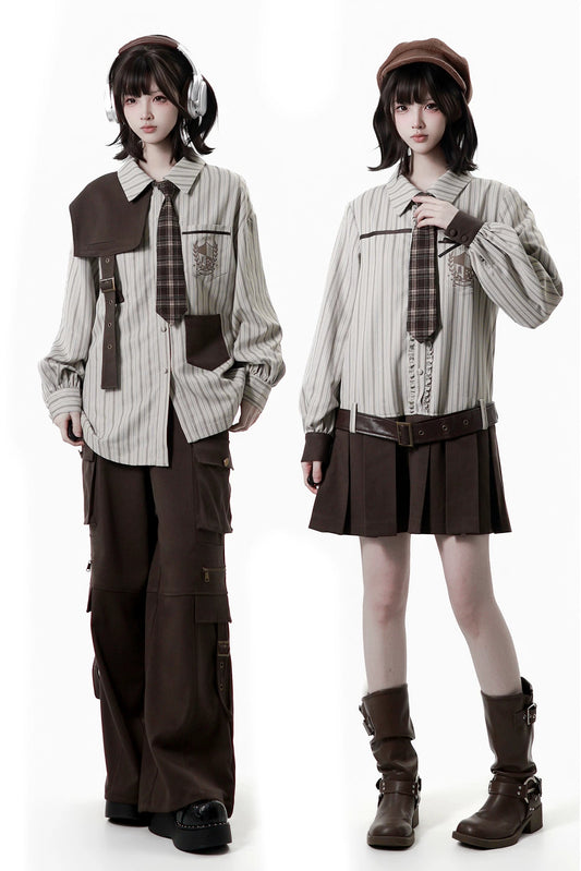 스트라이프 셔츠 원피스 + 셔츠 + 카고 바지 + 넥타이