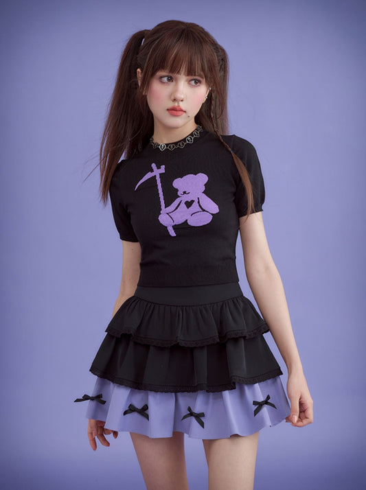 SagiDolls Girl's Fighting Spirit, Black Purple Sweet Cool Bear Ice Silk 短袖针织套头衫，轻薄、凉爽、百搭。