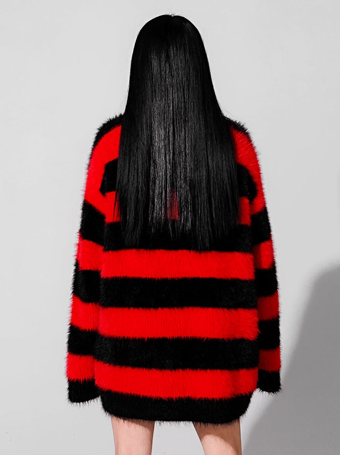 Little Devil Colour Red Black Faux Fur Stripe Punk Knit Cardigan